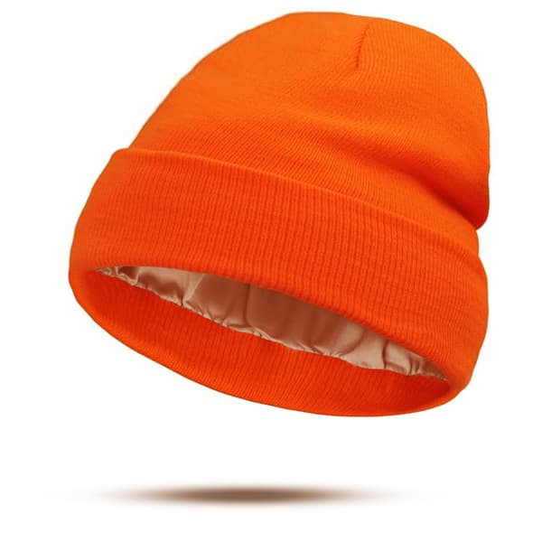 Varm silkeforet strikhue til vinter krøllet hår essentiel vinterhue til hårpleje varme vinterrejse Orange 56-59 CM