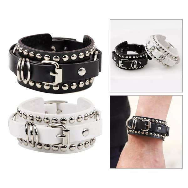 PU læderarmbånd, seje gaver, justerbart wrap-manchet, punk-nitte-håndledsbælte, kædearmbånd til fester black