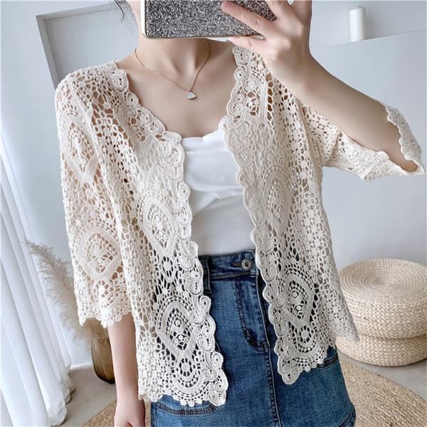 Damstickad spets-shrug Boho ihålig virkad blommig 3/4-ärmar öppen front kort kofta elegant nättröja överdrag white