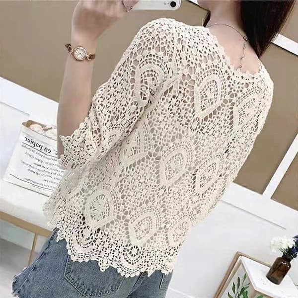 Damstickad spets-shrug Boho ihålig virkad blommig 3/4-ärmar öppen front kort kofta elegant nättröja överdrag apricot