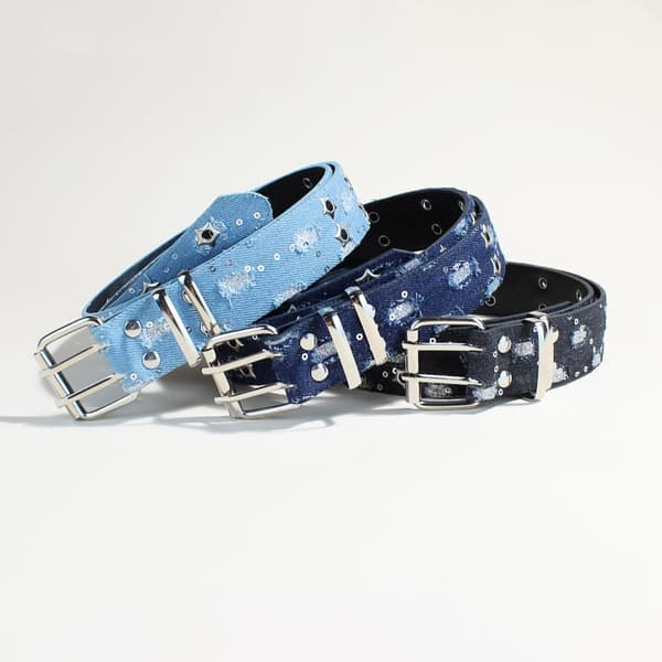 Punk Style Stjerne Dobbeltbrystet Bælte Denim Hiphop Udhulet Stift Spænde Bælte Black 105 CM