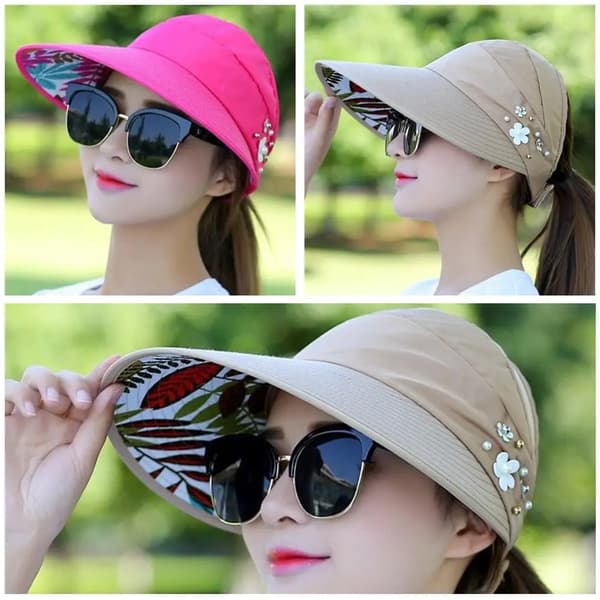 Mode Dam Sommar Semester Bredbrättad Vikbar Solhatt Anti-UV Strandvisir Mössor Fritidsmössor beige