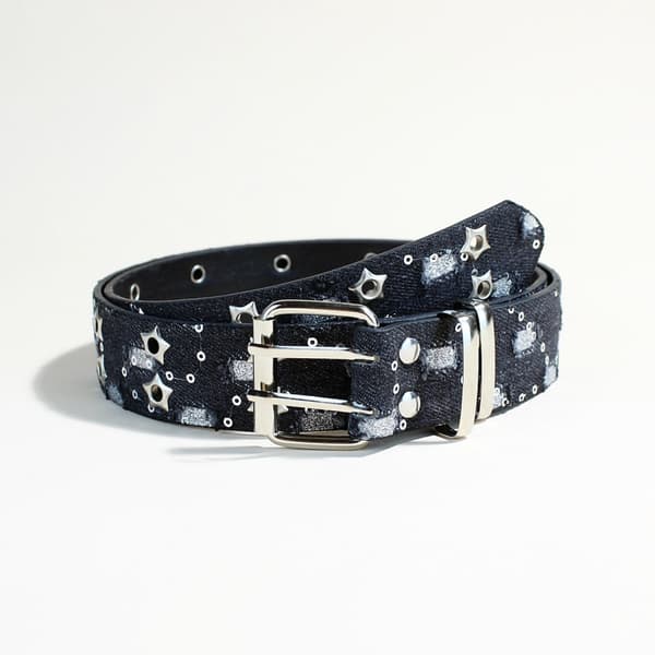 Punk Style Stjerne Dobbeltbrystet Bælte Denim Hiphop Udhulet Stift Spænde Bælte Light Blue 105 CM
