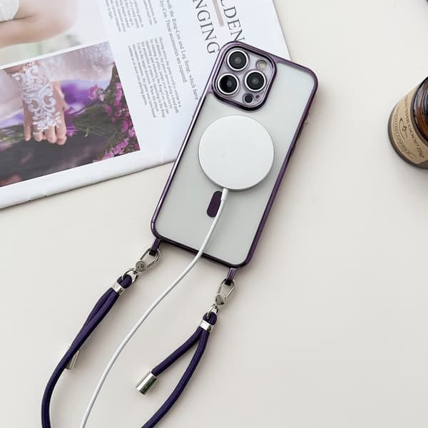 Crossbody Snor Plating Magnetisk For Magsafe Klart Deksel Til iPhone 17 Pro Max 16 15 Plus 14 13 12 11 Mykt Bumper Deksel Silver iphone 12