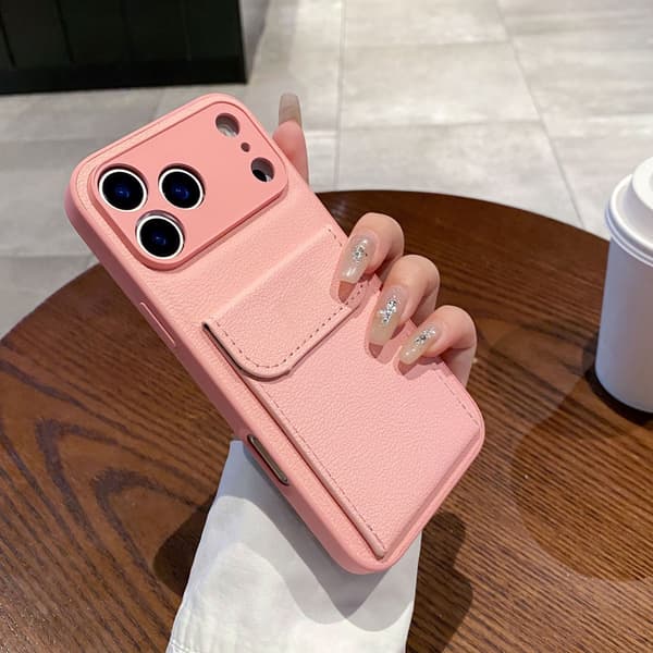 Kortholder Lomme Pung Etui til iPhone 17 Air 16 E 15 14 12 13 Mini 11 Pro Max Plus Stødsikkert Lædercover pink iphone11
