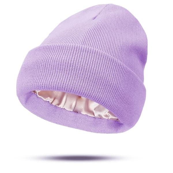 Varm silkesfodrad stickad mössa för vintern, viktig vintermössa för lockigt hår för hårvård, värme, vinterresor Purple 56-59 CM