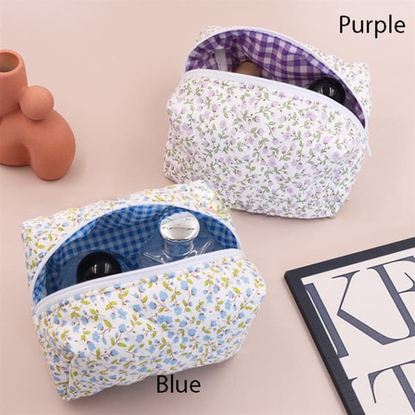 Blommig Puffy Quiltad Sminkväska Stor Resväska Kosmetikväska White 17*12*9cm