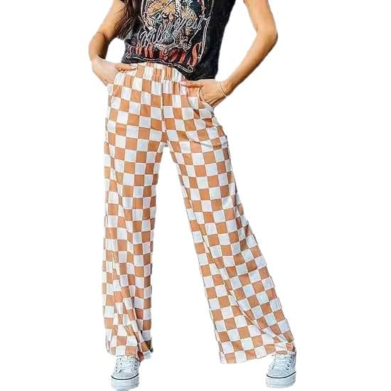 Dame uformelle rutete bukser Elastisk midje Komfortable løse vide benbukser med lommer Påfugl yellow S