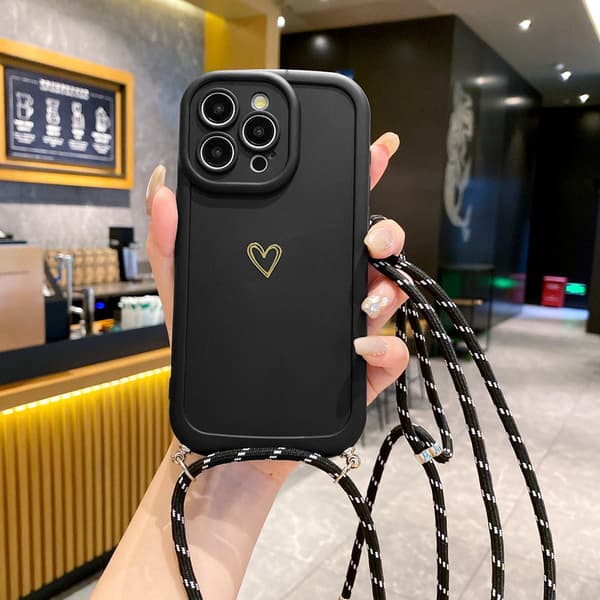 Med snodd kärlek telefonfodral för iPhone 16 15 14 13 12 11 Pro Max Crossbody silikon baksida Black iphone 13 pro max