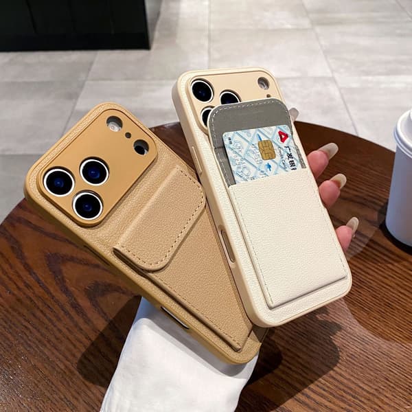 Kortholder Lomme Pung Etui til iPhone 17 Air 16 E 15 14 12 13 Mini 11 Pro Max Plus Stødsikkert Lædercover orange iphone15plus