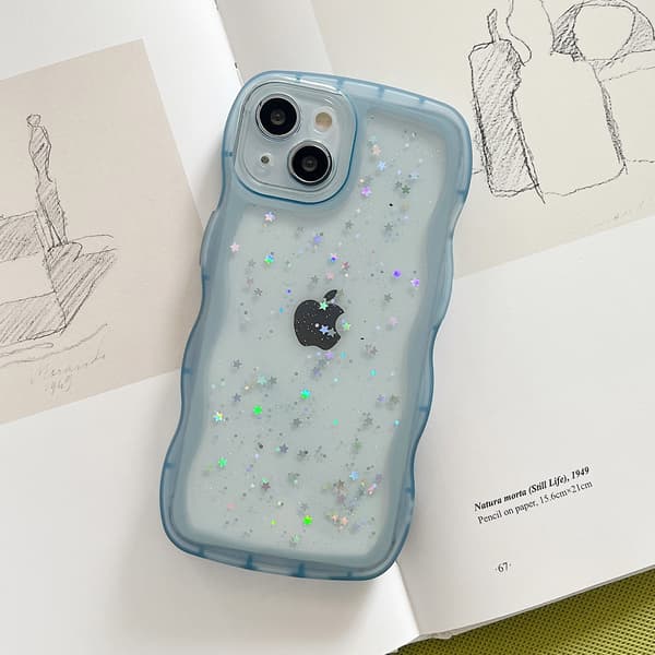 Fodral kompatibelt med iPhone Glitter Stars Wavy Edge TPU-skydd Flerfärgad Blue 14plus
