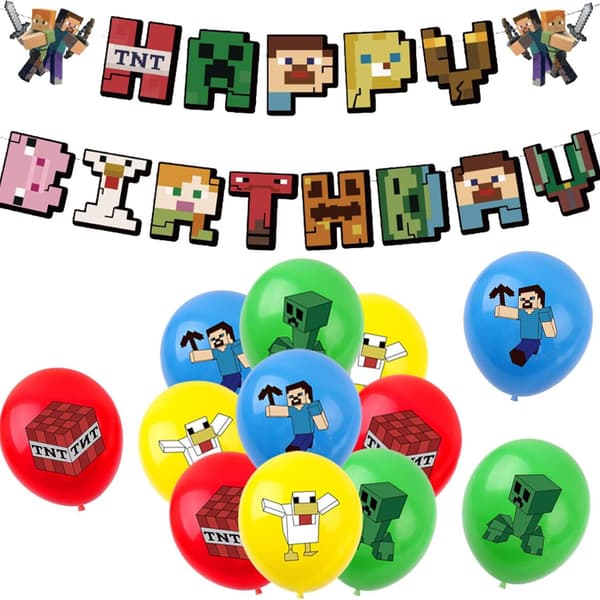 Minecraft Spil Tema Fødselsdagsfest Dekorationer Balloner Banner Kagepynt Sæt 1