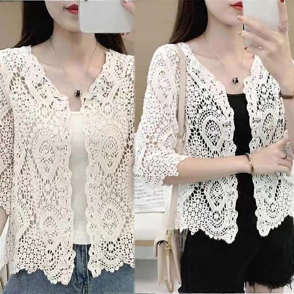 Damstickad spets-shrug Boho ihålig virkad blommig 3/4-ärmar öppen front kort kofta elegant nättröja överdrag apricot