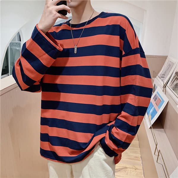 Stribet sweatshirt til mænd, rund hals, lange ærmer, afslappet løs pasform, top til unge mænd, modetøj White M