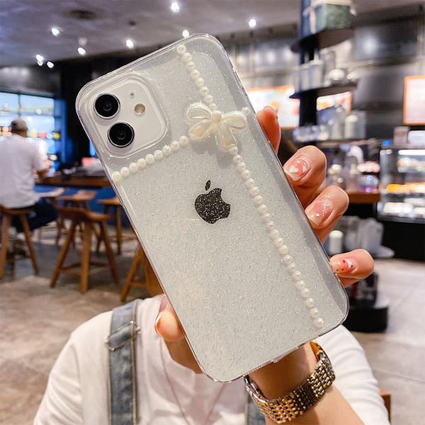 Gjennomsiktig Perle Rose Glitter TPU-deksel kompatibelt med iPhone 17 16 15 14 13 12 Pro Max 3 Bow Tie iphone 14plus