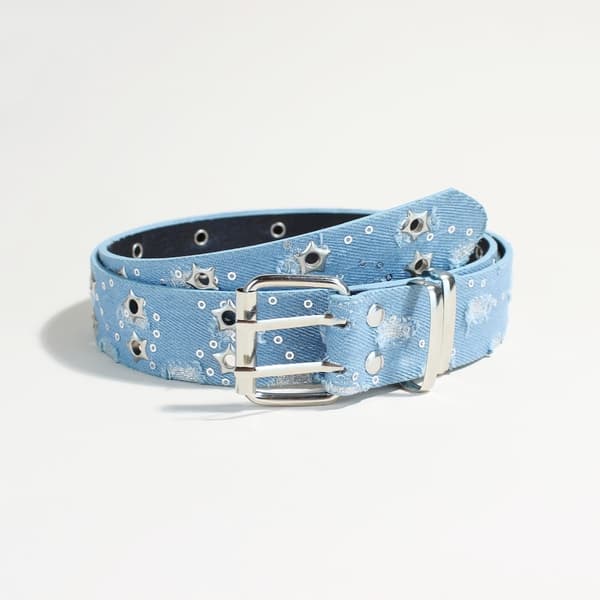 Punk Style Stjerne Dobbeltbrystet Bælte Denim Hiphop Udhulet Stift Spænde Bælte Light Blue 105 CM