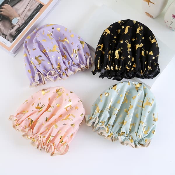 Dobbeltlags dusjhette Vanntett Elastisk Badehette For Kvinner Dusj Spa Salong Flerfarget Leopard Purple