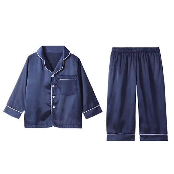 Pyjamas Långärmad Set För Barn, Knäppt Pyjamas Sängkläder Set Dark Blue 160CM