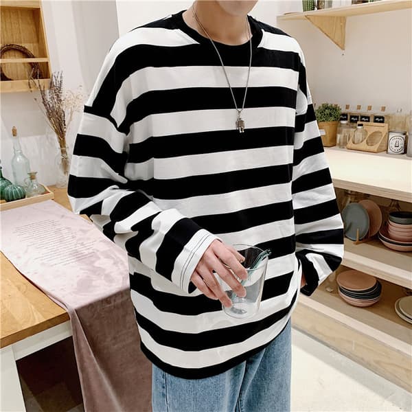 Randig sweatshirt för män, rund hals, lång ärm, avslappnad lös passform, topp för unga män, modekläder White XL