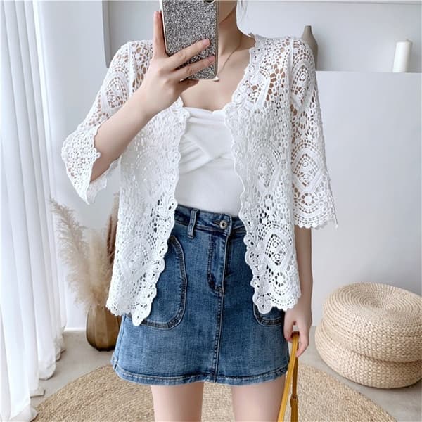 Damstickad spets-shrug Boho ihålig virkad blommig 3/4-ärmar öppen front kort kofta elegant nättröja överdrag apricot
