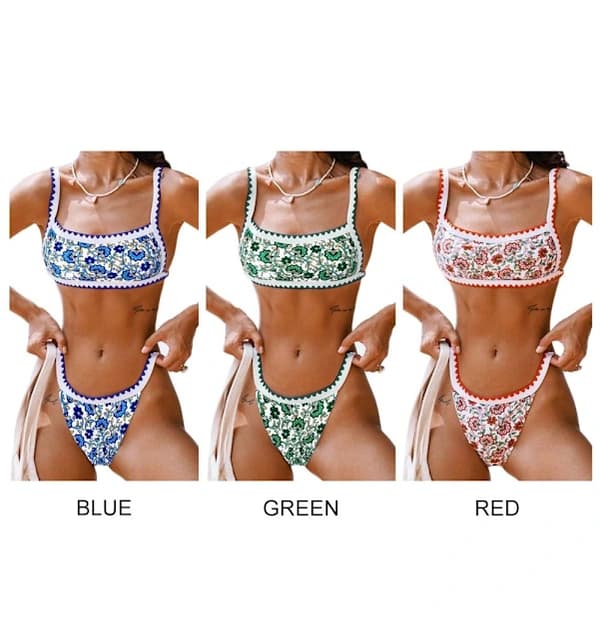 Bikini med blommigt tryck för kvinnor, bikiniset Red Flower S