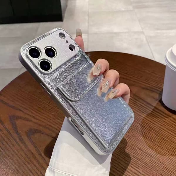 Kortholder Lomme Pung Etui til iPhone 17 Air 16 E 15 14 12 13 Mini 11 Pro Max Plus Stødsikkert Lædercover silver iphone15promax