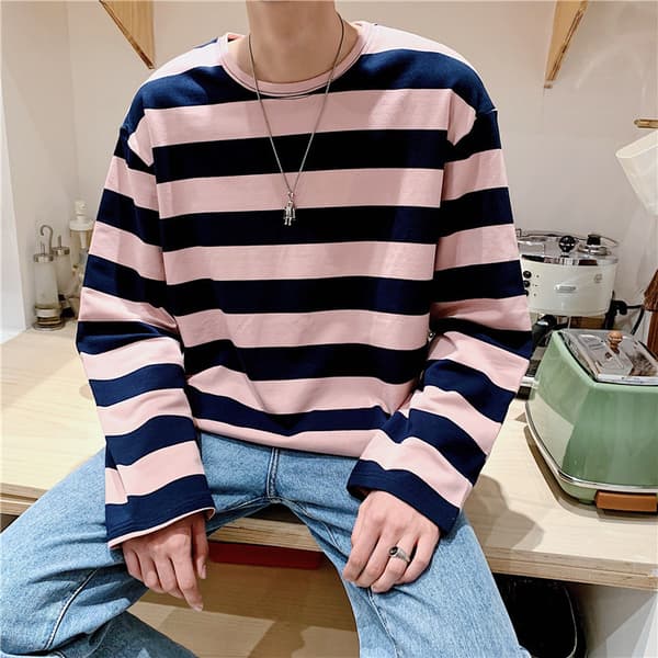 Stribet sweatshirt til mænd, rund hals, lange ærmer, afslappet løs pasform, top til unge mænd, modetøj White M