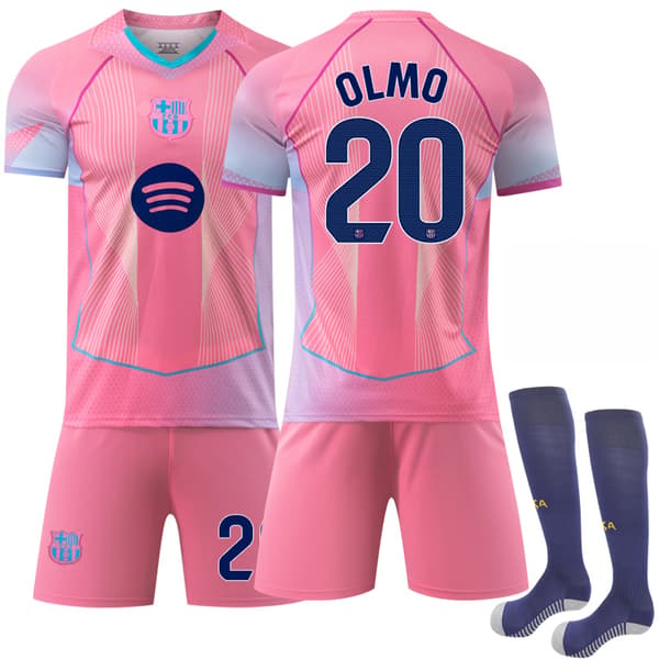 25-26 Barcelona Pink Special Edition Trøje Børnefodboldudstyr NR.20 OLMO Trøje Shorts Sæt Drengefodbolduniform Med Sokker 20 16