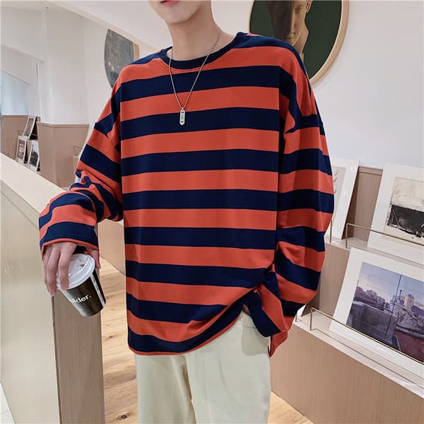 Stribet sweatshirt til mænd, rund hals, lange ærmer, afslappet løs pasform, top til unge mænd, modetøj Orange 2XL