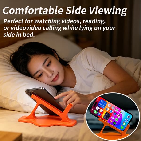 Sengeliggende doven telefonholder til sideliggende, stabil ergonomisk telefonholder til håndfri visning, perfekt til underholdning ved sengetid orange