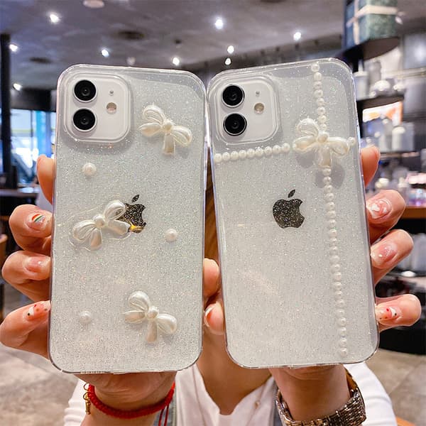 Gjennomsiktig Perle Rose Glitter TPU-deksel kompatibelt med iPhone 17 16 15 14 13 12 Pro Max 3 Bow Tie iphone 15plus