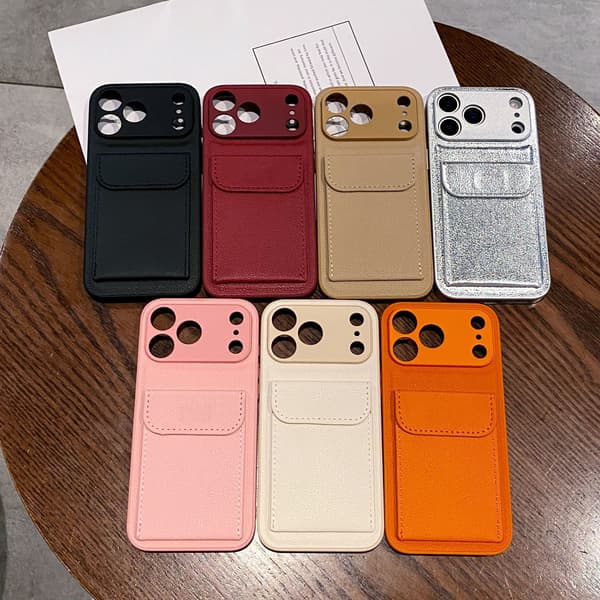 Kortholder Lomme Pung Etui til iPhone 17 Air 16 E 15 14 12 13 Mini 11 Pro Max Plus Stødsikkert Lædercover silver iphone12