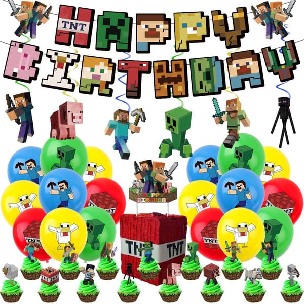 Minecraft spilltema bursdagsfestdekorasjoner ballonger banner kakedekorasjonssett 1