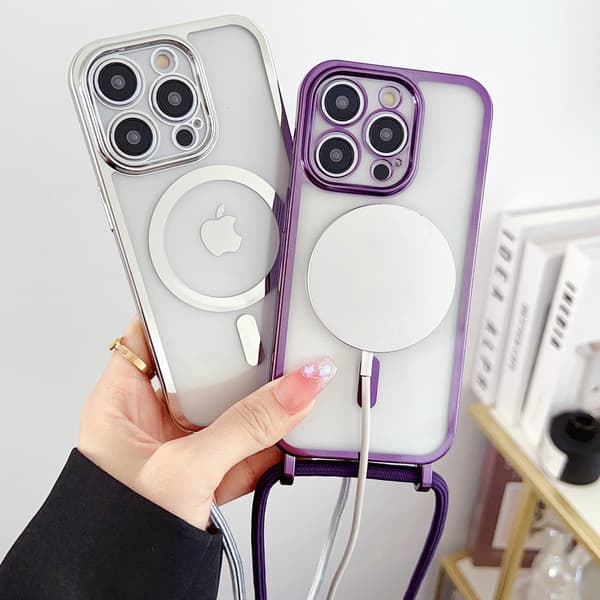 Halskæde Snor Reb Snor Belægning Magnetisk Gennemsigtig Telefoncover Til iPhone 16 14 11 12 13 15 Pro Max Til Magsafe Cover Silver iphone15 pro max