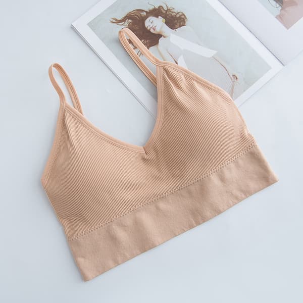 Sömlös västunderkläder för kvinnor Enfärgad mode randig V-ringad crop top BH Push Up BH Bekväm topp beige one size
