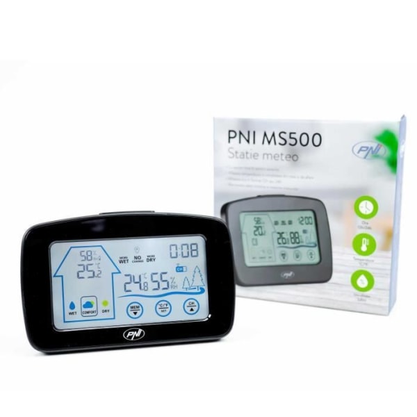 PNI MS500 väderstation med trådlös extern sensor, visar inomhus- och utomhustemperatur och luftfuktighet, dataminne