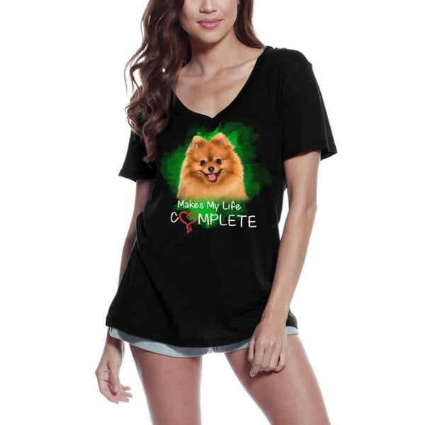 T-shirt med V-ringad dam Make My Life Complete - Pomeranian Dog Lover – Makes My Life Complete - Pomeranian Dog Lover – djup svart
