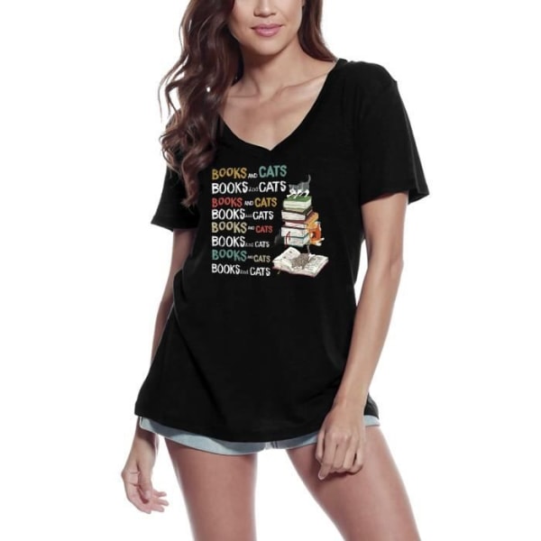 T-shirt med v-ringad dam Böcker och katter - Älskare av böcker om kattungar – Böcker och katter - Kattungebokälskare – Vintage T-shirt djup svart jag