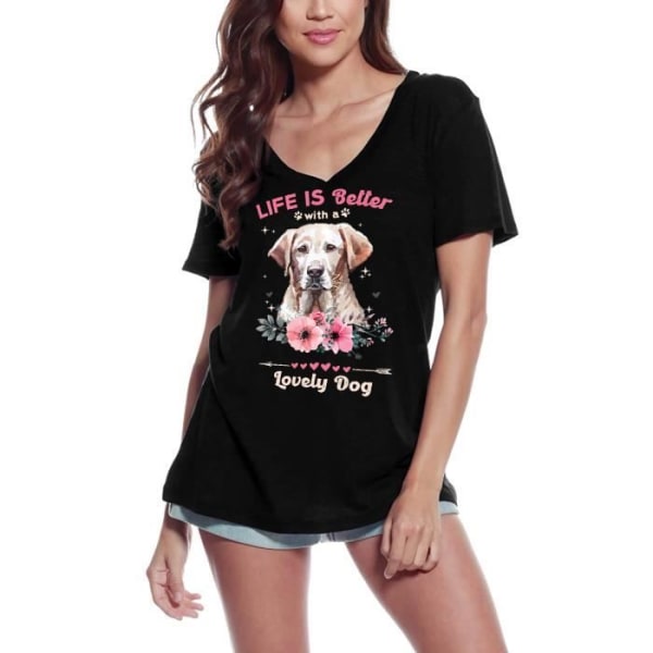 T-shirt med v-ringad dam A Mountain Cur Livet är bättre med en härlig hund – Mountain Cur Livet är bättre med en härlig hund djup svart
