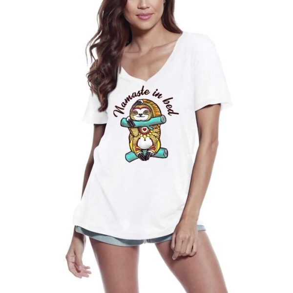 T-shirt med v-ringad dam Namaste Au Lit Yoga – Namaste In Bed Yoga – Vintage T-shirt Vit