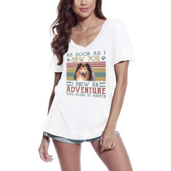 V-ringad T-shirt för kvinnor Rough Collie Jag visste att ett äventyr skulle Vit M