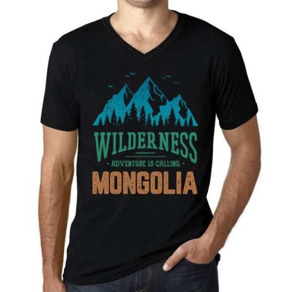 T-shirt med v-ringad herr Wild Nature Adventure Calls Mongolia – Wilderness, Adventure is Calling Mongolia – T-shirt djup svart XL