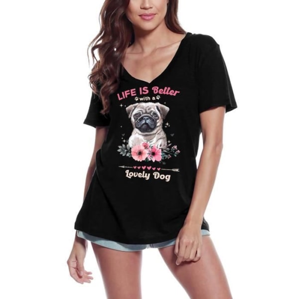 T-shirt med v-ringad dam En pudels liv är bättre med en vacker hund – Pudel Livet är bättre med en vacker hund – T-shirt djup svart
