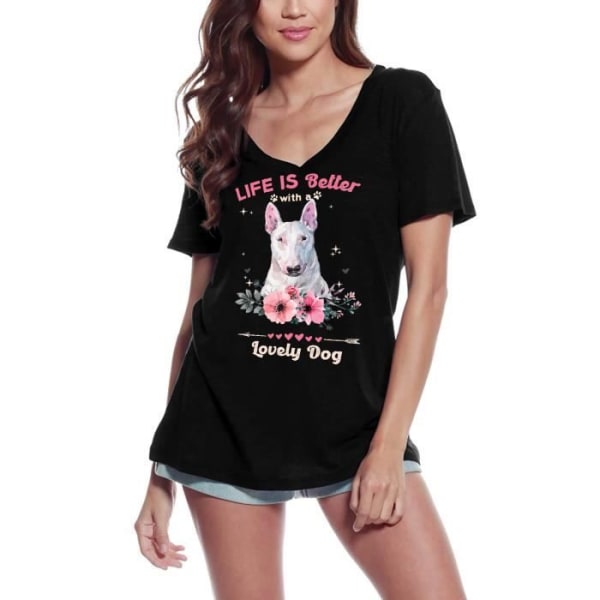 T-shirt med v-ringad dam En bullterriers liv är bättre med en vacker hund – Bullterrier Livet är bättre med en vacker hund djup svart