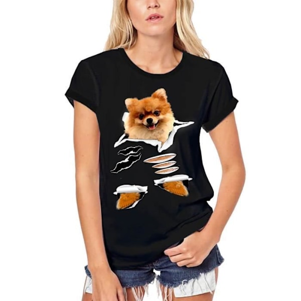 T-shirt Dam - ULTRABASIC - Pomeranian Hund - 100% Ekologisk Bomull - Korta Ärmar - Vintage Svart djup svart M