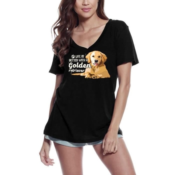 T-shirt med v-ringad dam Livet är bättre med en Golden Retriever-hund – Livet är bättre med en Golden Retriever-hund – T-shirt djup svart