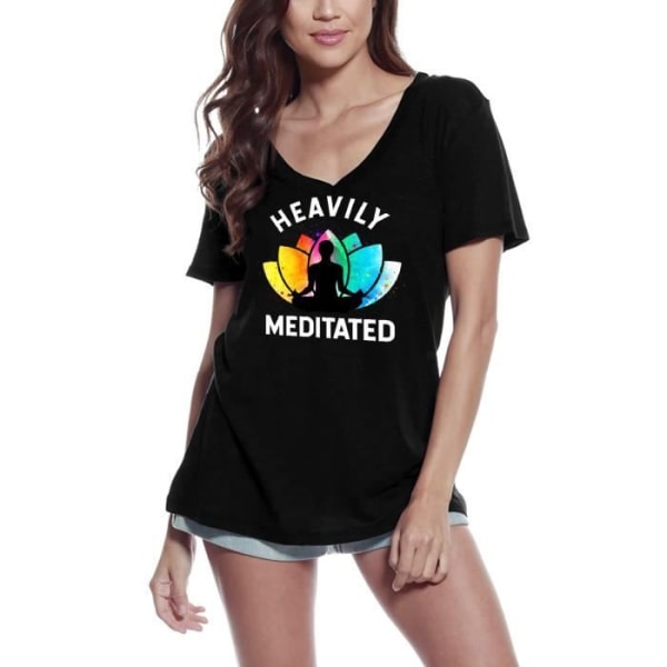 T-shirt med v-ringad dam Stark Meditation - Spirituell yoga - Kraftigt mediterad - Spirituell Yoga - Vintage svart T-shirt djup svart