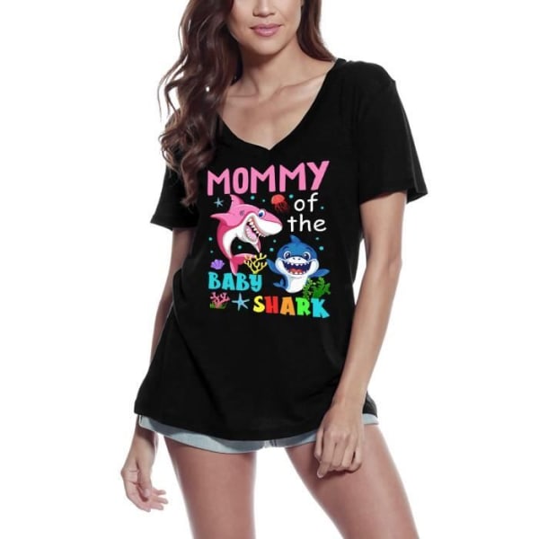 T-shirt med v-ringad dam La Maman Du Baby Shark – Mommy Of The Baby Shark Mother – Vintage svart T-shirt djup svart