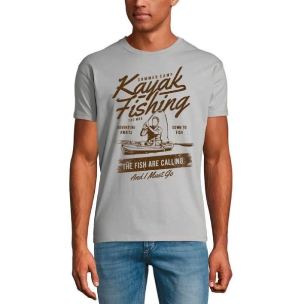 Kajakfiske-T-shirt för män - fiskarna ringer mig och jag måste gå - för fiskare - kajakfiske - fiskarna ringer rent grått