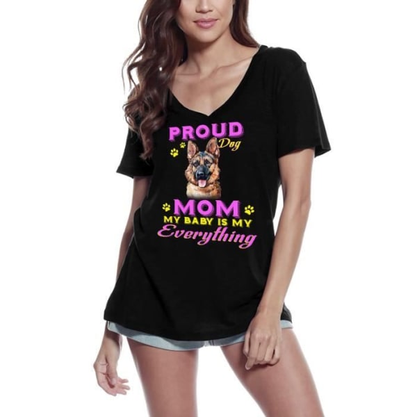 T-tröja med v-ringad dam Pride Day - Mamma till en schäfer - Min bebis är allt för mig - Stolt dag - schäferhund djup svart